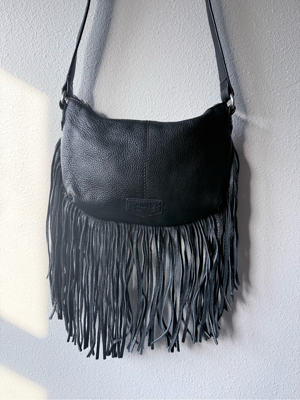 Black Fringe Leather Crossbody Bag Western Festival pebbled Leather